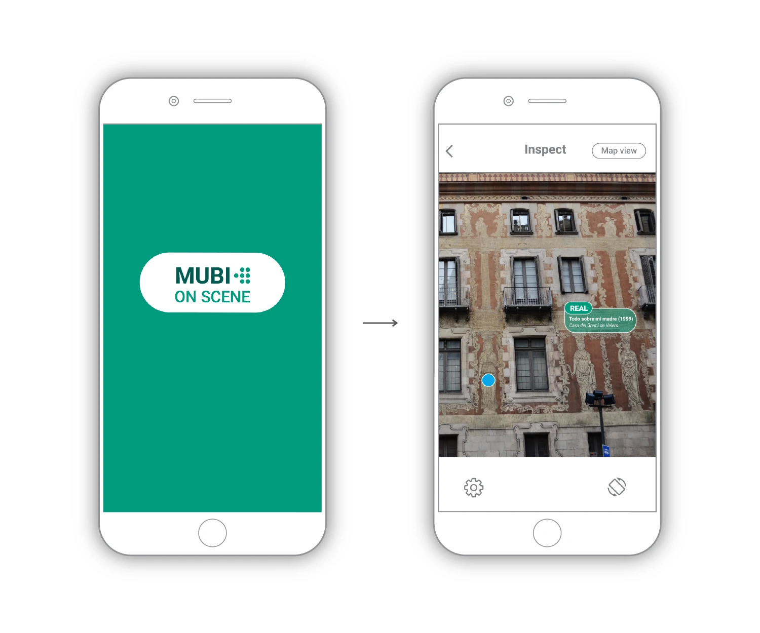 1. Launch screen of the app when the user starts the mobile service  2.&nbsp;Inspect mode (AR view) is used to search if any film scenes are added