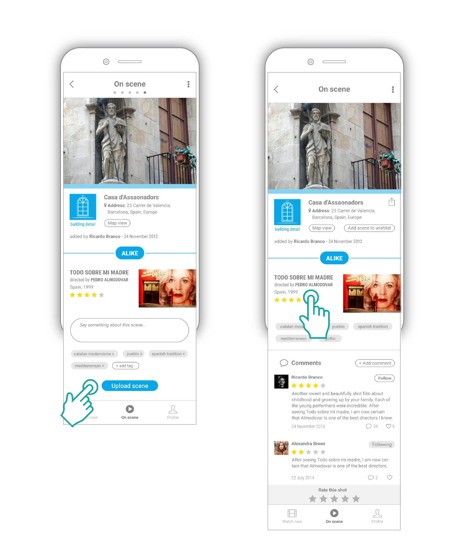 7.&nbsp;To finish the uploading process, the user reviews the shot, adds comment and specific tags, next to the ones already suggested by the app, that relate to architectural features of the building  8.&nbsp;The scene page displays the scene shot, the related movie, tags and comments from users that help users get a sense of the type and credibility of the image