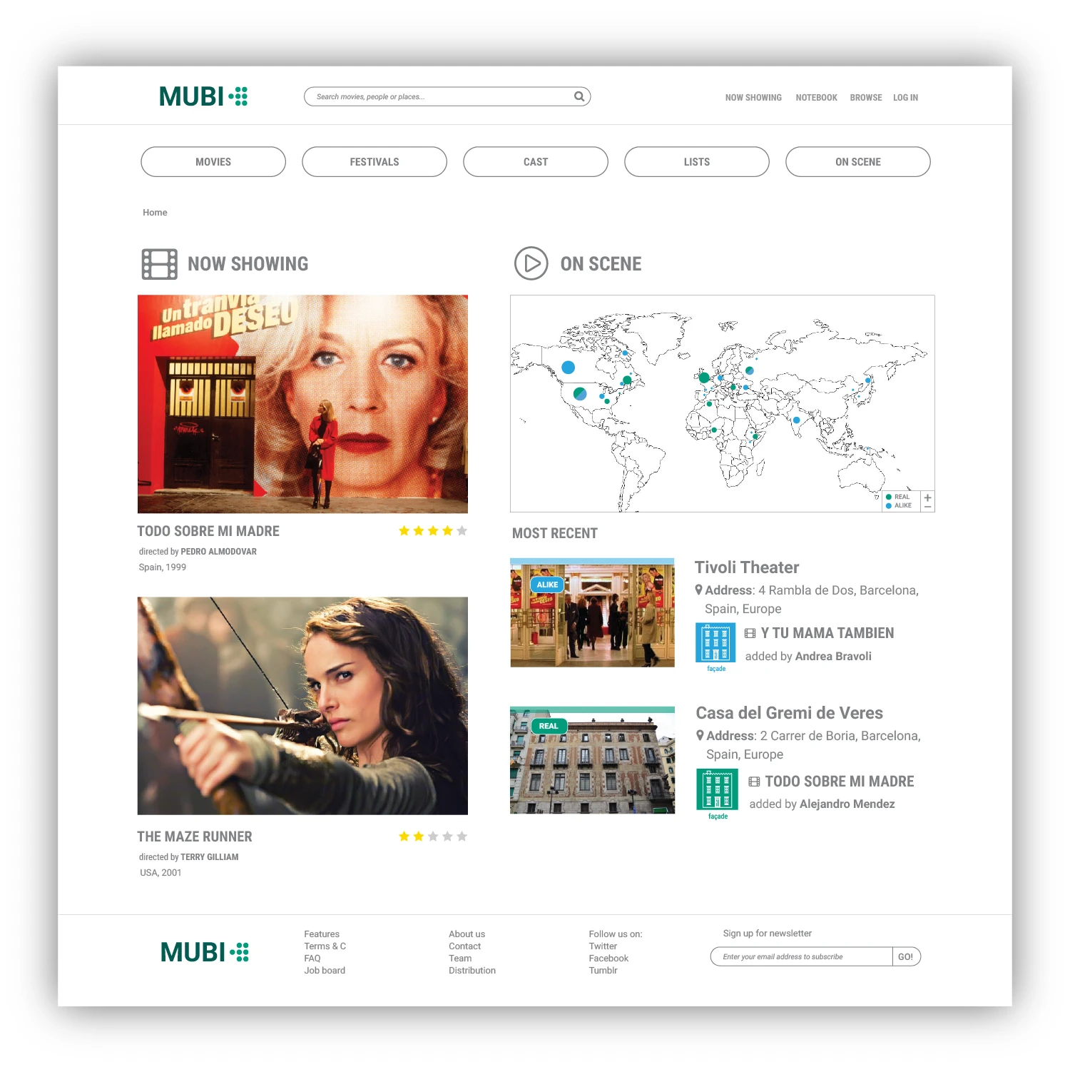 The homepage  integrates the new service, On Scene, into their main categories and the layout design offers it a rich space for displaying.  The user starts to browse for interesting movie locations and travel destinations by clicking the map available on the front page of the website.