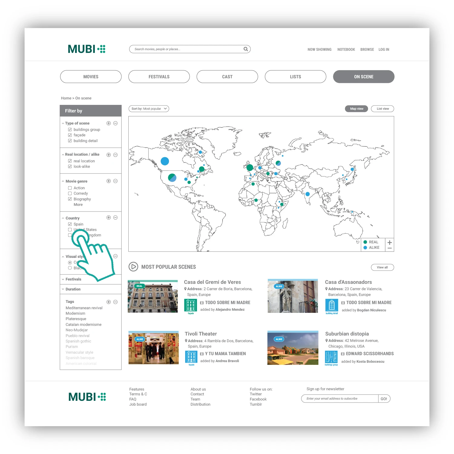 On scene page  involves a map with a highly detailed faceted filtering system.  The user filters the results displayed in a map mode by country, wanting to see only the results from Spain and also, only the ones related to biography movies.
