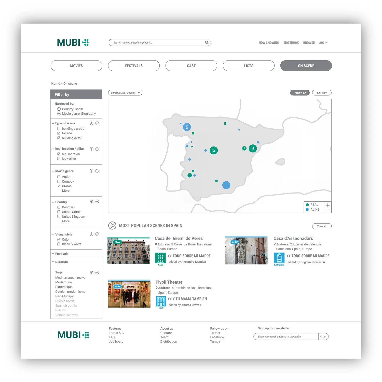 The user now can see the map of Spain with a visualisation that implies real and alike scenes and the number of them.  Underneath the map, the user can browse the most popular scenes from Spain.