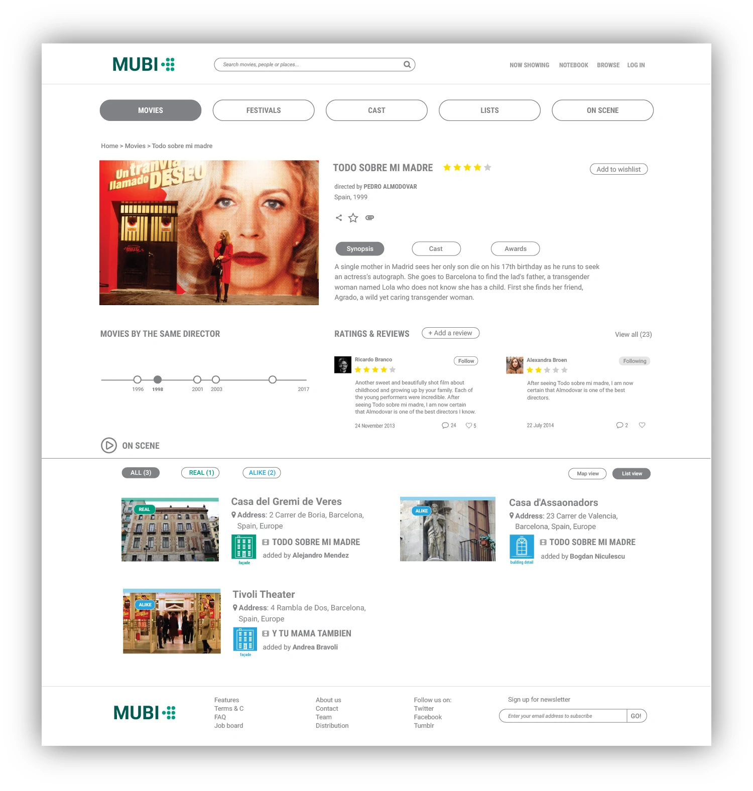 Movie page  presents information related to a specific film contains a dedicated section to scenes.  These can be browsed as a unit or the results could be filtered based on the type of scene: real filming location or look alike environment?  The user adds the movie to his personal wishlist because he might want to visit these places one day.